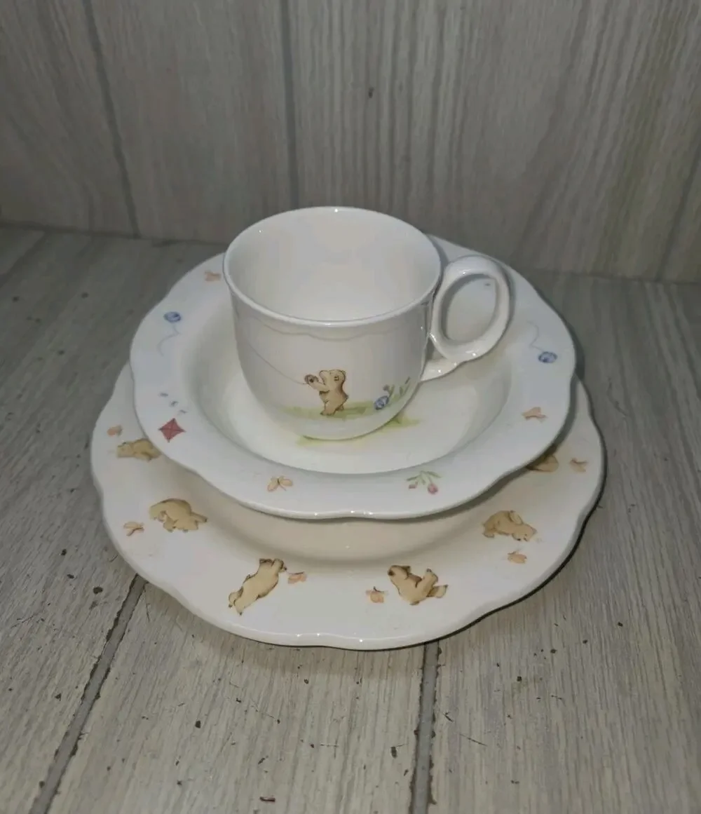 Vintage Noritake Busy Bear Child's Babys Dish Set Plate Bowl & Cup Dining Set